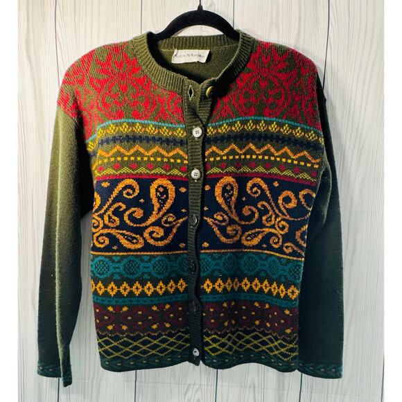 VTG Norton McNaughton Olive Green Mixed Print Knit Cardigan Sweater USA Small - Picture 1 of 9